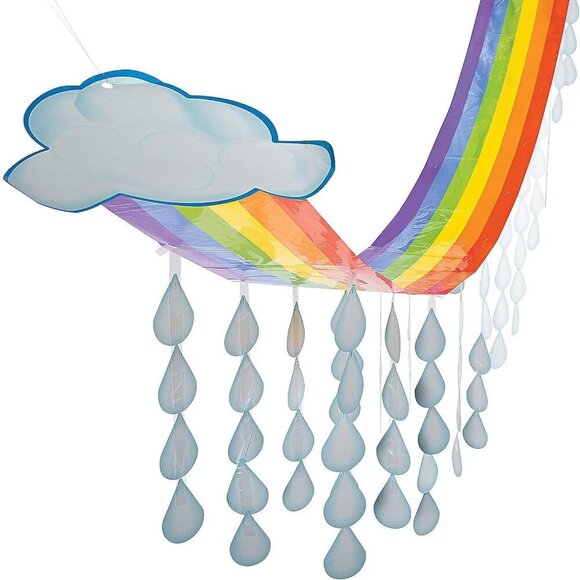 12 Ft. x 32" Rainbow Cloud & Raindrops Ceiling Hanging Decoration - 1 Piece - Gr - Picture 1 of 7